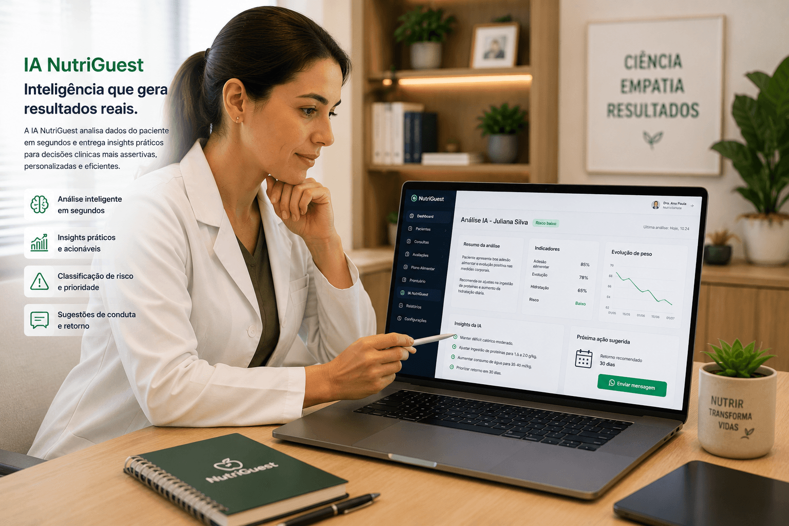 Nutricionista usando IA NutriGuest em consultório