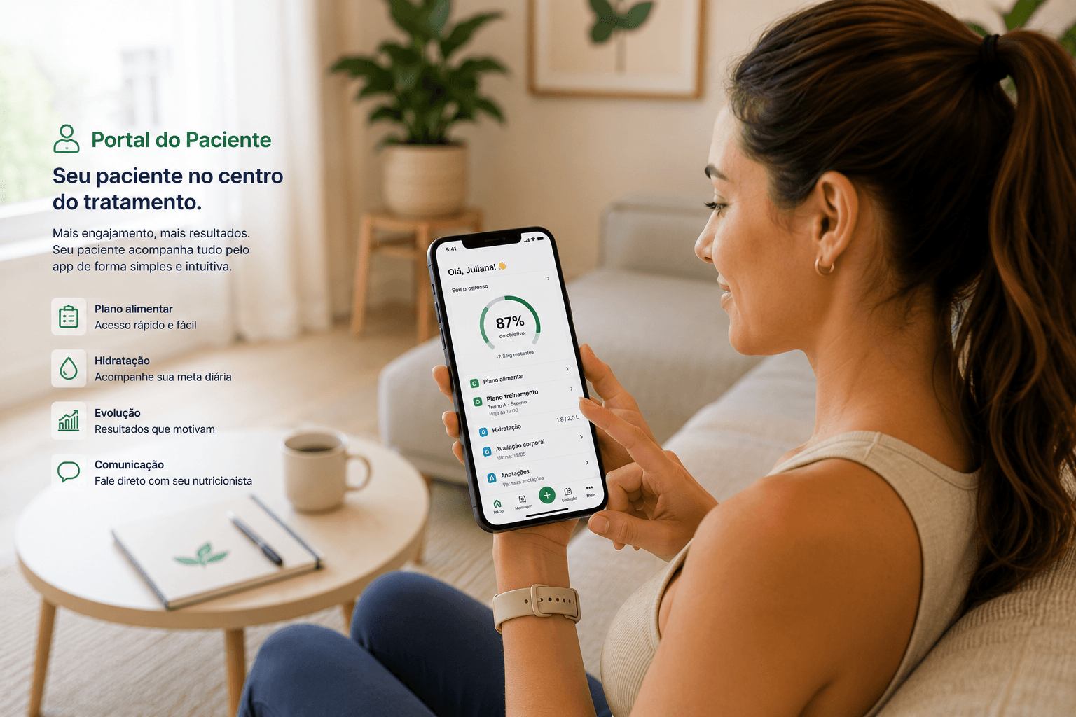 Paciente acompanhando evolução pelo Portal do Paciente no celular